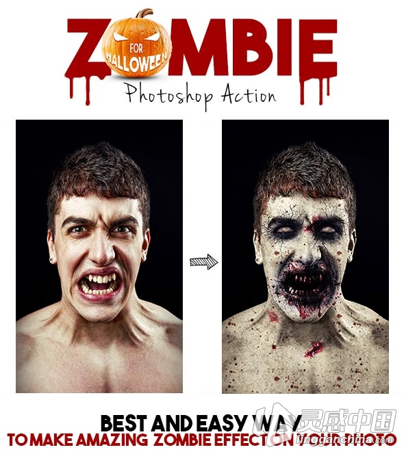 僵尸恐怖PS动作Zombie Photoshop Action(附视频教程)  灵感中国网 www.lingganchina.com