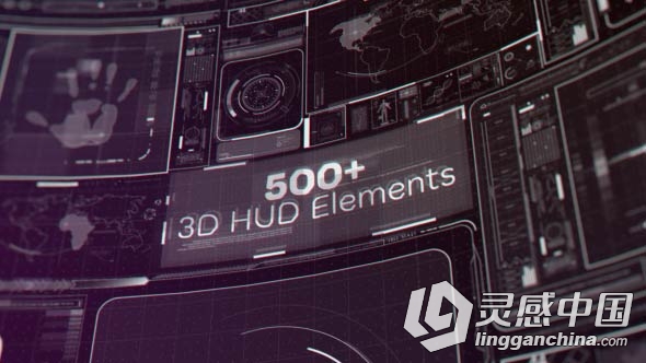 500多款炫酷高科技三维界面动画元素展示幻灯片AE模板 Videohive 500+ 3D HUD Eleme...  灵感中国网 www.lingganchina.com