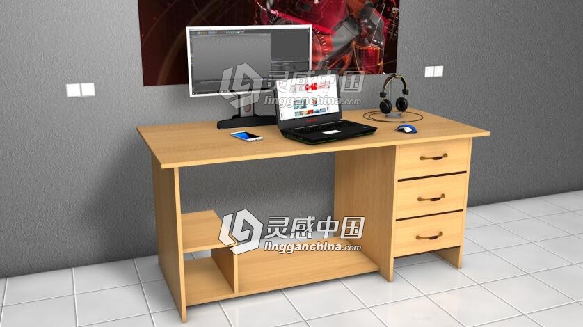 C4D电脑桌建模材质渲染视频教程 附工程文件 How to model a desk Cinema 4D Tutorial  灵感中国网 www.lingganchina.com