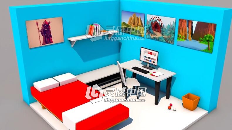 C4D卧室建模动画材质渲染视频教程 Low Poly Room Modeling Cinema 4D Tutorial  灵感中国网 www.lingganchina.com