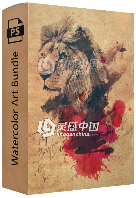 水彩艺术笔刷.动作.PSD素材包 Watercolor Art Bundle  灵感中国网 www.lingganchina.com