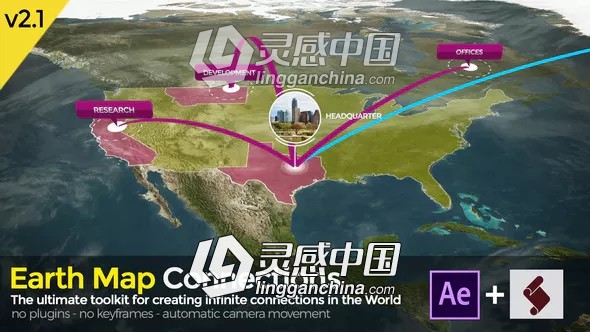 三维世界地图地址定点连线动画工具AE模板 Videohive Earth Map Connections  灵感中国网 www.lingganchina.com