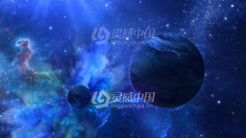 飞越抽象蓝色空间行星恒星的光芒宇宙场景动态背景视频素材下载  灵感中国网 www.lingganchina.com