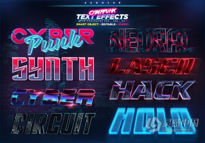 赛博朋克文字效果PS预设 Cyberpunk Text Effects  灵感中国网 www.lingganchina.com