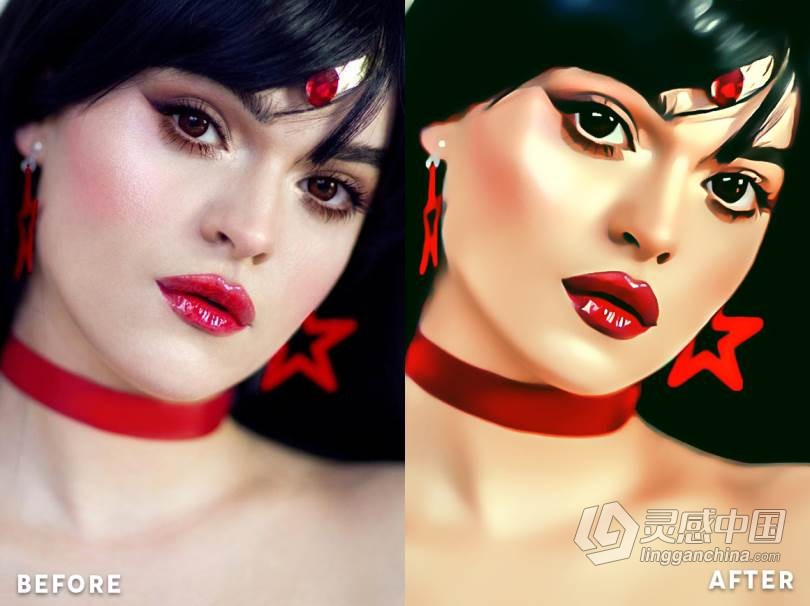 一键卡通人像绘画效果PS动作 Cartoon Portrait Painting Effect 附视频教程  灵感中国网 www.lingganchina.com