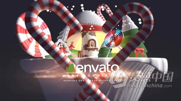 3D卡通圣诞糖果拐杖糖动画场景可爱节日片头AE模板AE工程文件 3d Cartoon Christmas Logo  灵感中国网 www.lingganchina.com