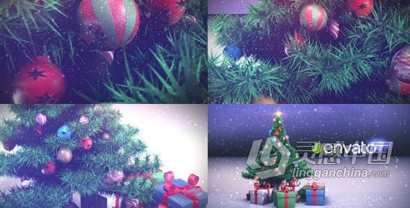 雪花飘落挂满彩球的圣诞树3D场景动画展示节日开场圣诞祝福贺卡 AE模板 AE工程文件 Christmas Tree Opener  灵感中国网 www.lingganchina.com