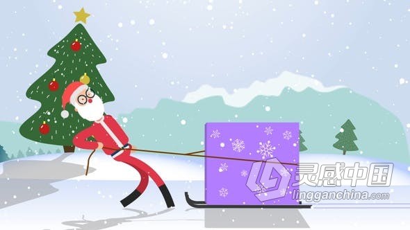 快乐圣诞装饰场景可爱卡通圣诞老人拖动礼品盒揭示节日祝福标志片头 AE模板 AE工程文件 Santa Logo  灵感中国网 www.lingganchina.com