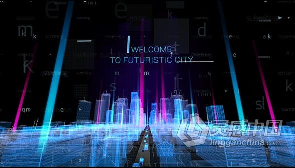 三维全息图线框3D纹理霓虹灯城市高科技公司宣传LOGO动画视频 AE模板 AE工程文件 Hologram City Titles  灵感中国网 www.lingganchina.com