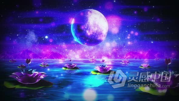 山光水色美丽夜光十色湖光潋滟水惹莲动背景视频素材 MoonLight  灵感中国网 www.lingganchina.com