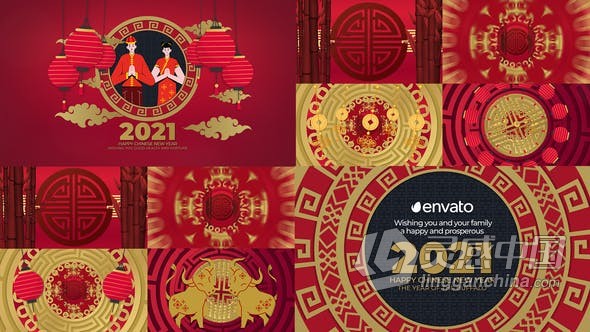 中国剪纸风格2021新年快乐春节过年喜庆开场片头 AE模板 AE工程文件 Chinese New Year 2021  灵感中国网 www.lingganchina.com