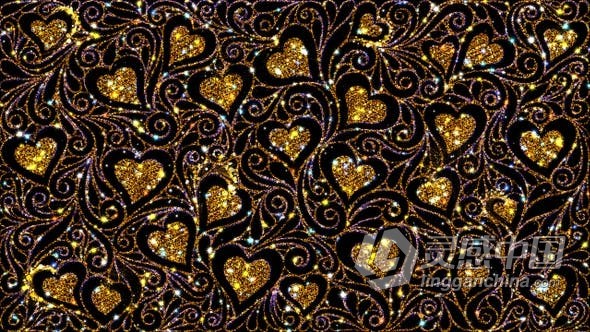 复古心型花纹图案装饰闪亮发光金色粒子动画VJ背景视频素材 Pattern Decorative Vintage Hearts  灵感中国网 www.lingganchina.com