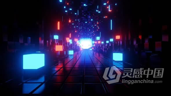 抽象立方体隧道弹跳霓虹灯动画效果LED背景VJ视频素材 Abstract Neon Tunnel Bouncing Cubes  灵感中国网 www.lingganchina.com