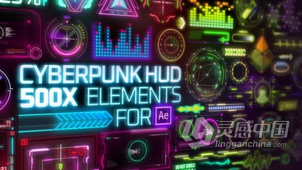 大量霓虹灯赛博朋克科技元素动画 AE模板 AE工程文件 Cyberpunk HUD Elements for After Effects  灵感中国网 www.lingganchina.com