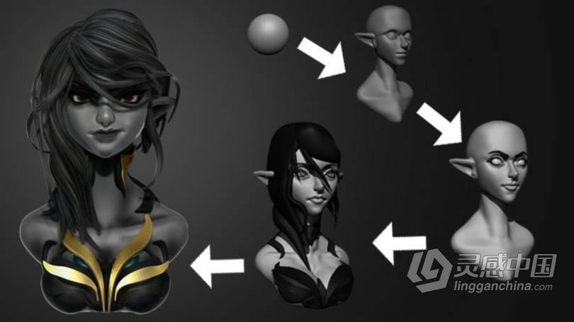 ZBrush长发女性半身像雕刻实例制作流程视频教程 Crea busto femenino en zbrush  灵感中国网 www.lingganchina.com