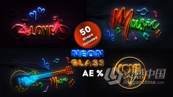 定制砖墙上霓虹灯多种效果LOGO图案视频 AE模板 AE工程文件 Neon Glass  灵感中国网 www.lingganchina.com