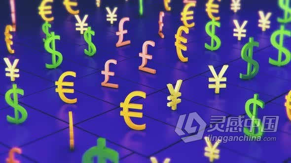 各国货币符号抽象LED屏幕动态背景VJ视频素材 Currency Oscillation on blue background  灵感中国网 www.lingganchina.com