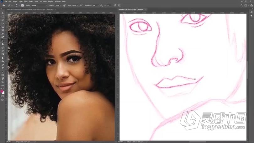 绘画教程 零基础PS人像草图数字绘画技巧视频教程  灵感中国网 www.lingganchina.com