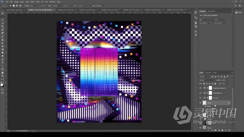 PS教程 PS抽象图形复古氛围发光效果海报制作视频教程  灵感中国网 www.lingganchina.com