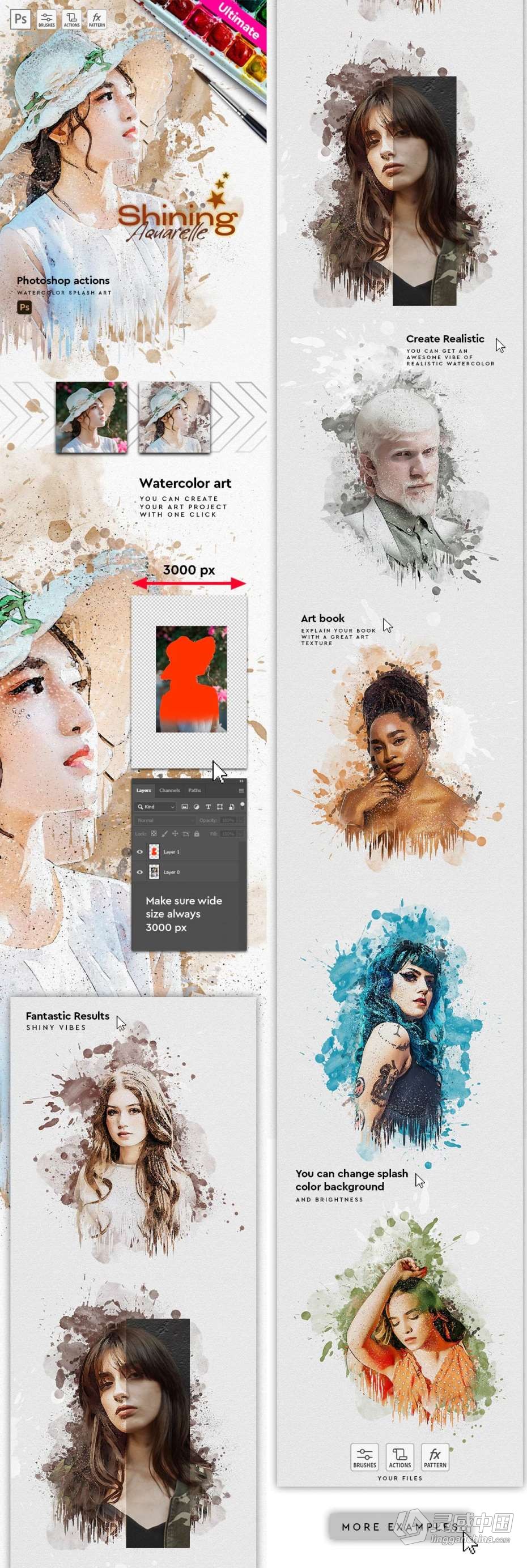 PS动作 闪亮水彩画-水彩艺术Photoshop动作 Watercolor - Photoshop Action  灵感中国网 www.lingganchina.com