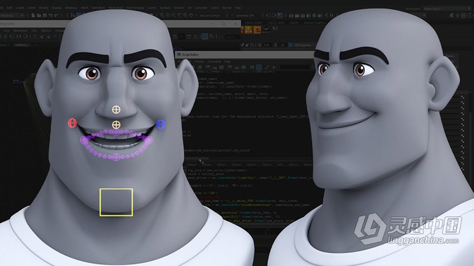 Maya教程 Maya中Python角色嘴唇下巴绑定动画训练教程  灵感中国网 www.lingganchina.com