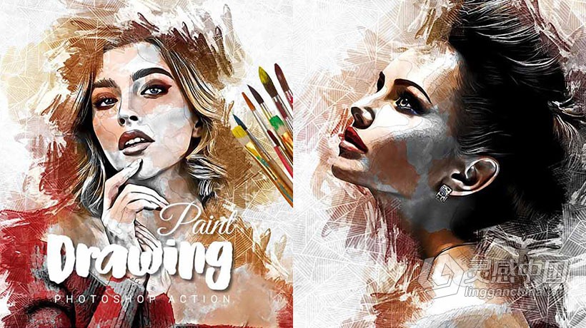 压克力颜料绘画艺术ps动作 Drawing Paint Photoshop Action附教程  灵感中国网 www.lingganchina.com