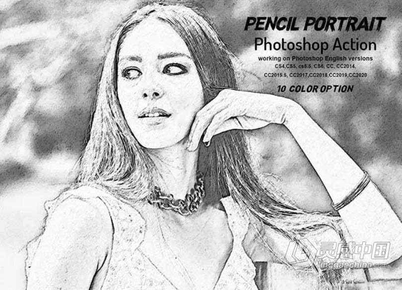 一键铅笔素描肖像Photoshop动作 Pencil Portrait Photoshop Action  灵感中国网 www.lingganchina.com