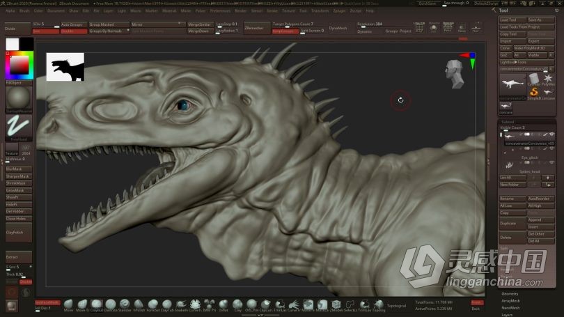 Zbrush教程 Zbrush逼真恐龙雕刻建模与贴图完整制作工作流程视频教程  灵感中国网 www.lingganchina.com