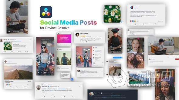 达芬奇模板 25个卡片社交媒体帖子模板动画界面视频 DaVinci Resolve模板 工程 文件  灵感中国网 www.lingganchina.com
