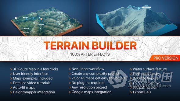 AE模板 创建3D地形生成器路径轨迹三维地图等高线动画效果视频 AE工程 AE文件  灵感中国网 www.lingganchina.com