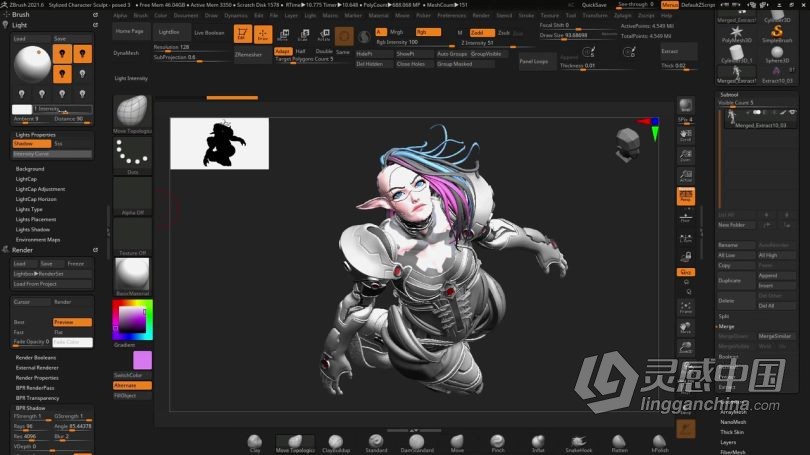 Zbrush教程 Zbrush赛博朋克女性角色雕刻建模实例制作视频教程  灵感中国网 www.lingganchina.com