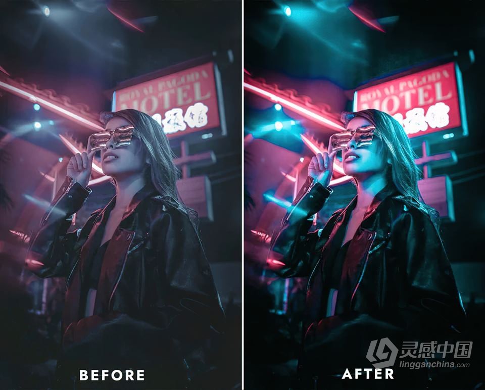 15种霓虹灯滤镜氛围LUTS调色预设 Neon Vibe premium presets &amp; Luts  灵感中国网 www.lingganchina.com