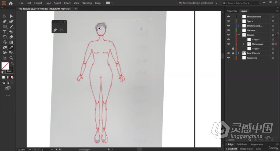 AI初学者时装设计草图到矢量插图创作过程工作流程视频教程  灵感中国网 www.lingganchina.com