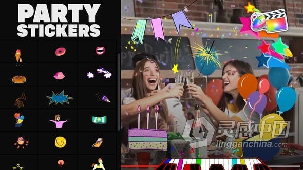 FCPX插件-25组手绘动画元素抖音社交媒体街头艺术视频添加 Animated Party Stickers FCPX  灵感中国网 www.lingganchina.com