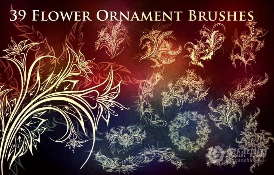 39种花卉花草装饰花边图案PS笔刷 39 Flower Ornament Brushes  灵感中国网 www.lingganchina.com