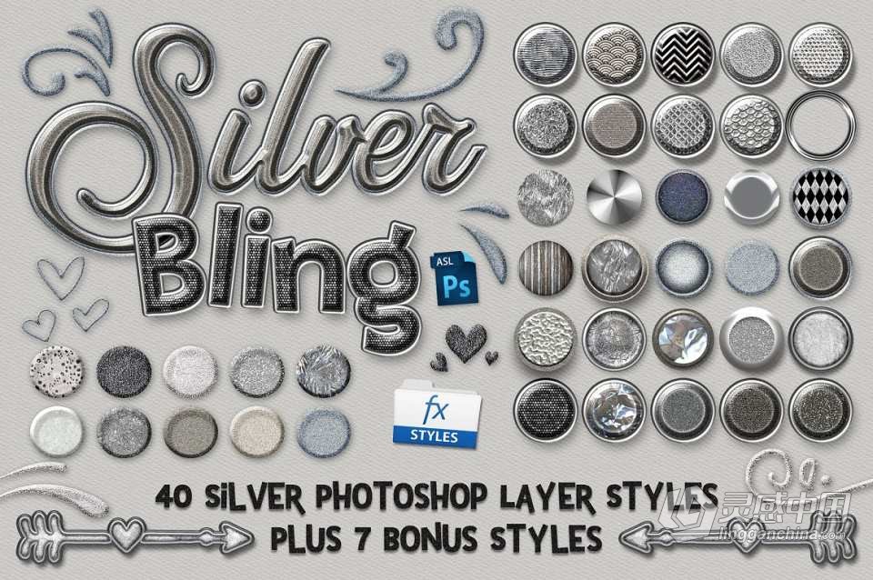 【PS样式】40款高端银质与彩虹星光PS图层样式 Silver Bling Photoshop Layer Styles  灵感中国网 www.lingganchina.com