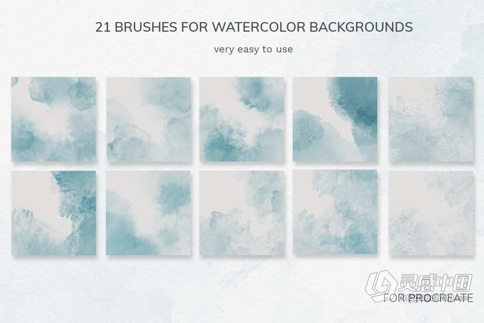 【Procreate笔刷】21款淡雅水彩纹理笔刷Ipad笔刷Procreate笔刷套装 带纹理纸张 Procreate watercolor brushes  灵感中国网 www.lingganchina.com