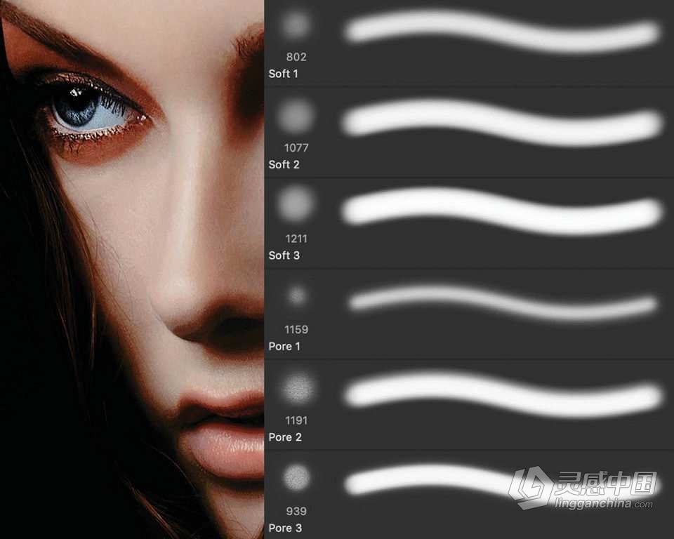 【PS笔刷】6套人像皮肤修饰Phoshop笔刷 Skin Retouching Brushes Set of 6  灵感中国网 www.lingganchina.com