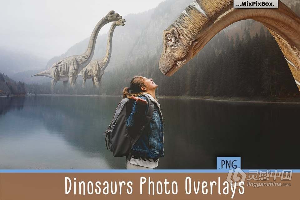 34张侏罗纪时代恐龙巨兽创意设计合成PNG素材 Dinosaurs Photo Overlays Pack  灵感中国网 www.lingganchina.com