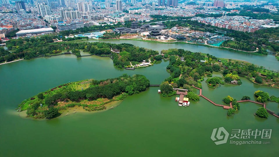 实拍视频素材-广州海珠区海珠湖公园景色航拍视频素材  灵感中国网 www.lingganchina.com