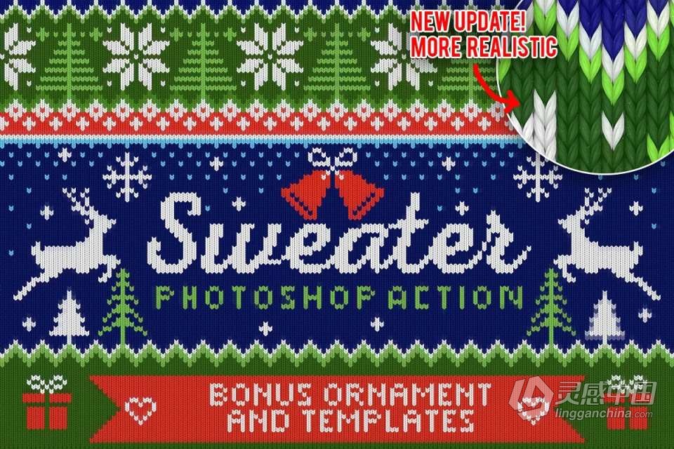 PS动作-圣诞主题毛衣圣诞帽针织纹理生成特效PS动作 Ugly Christmas Sweater Photoshop Act  灵感中国网 www.lingganchina.com