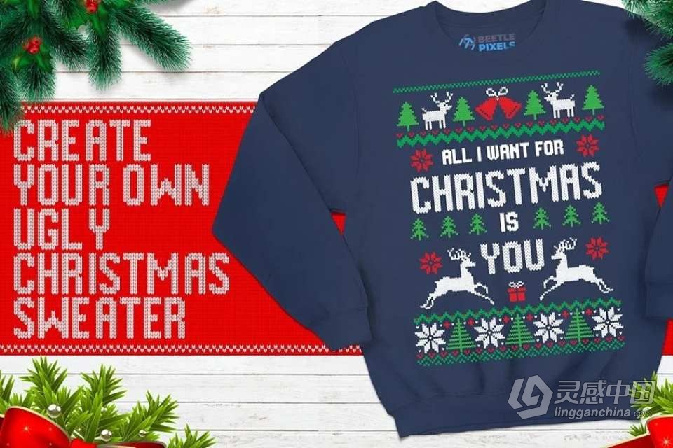 PS动作-圣诞主题毛衣圣诞帽针织纹理生成特效PS动作 Ugly Christmas Sweater Photoshop Act  灵感中国网 www.lingganchina.com