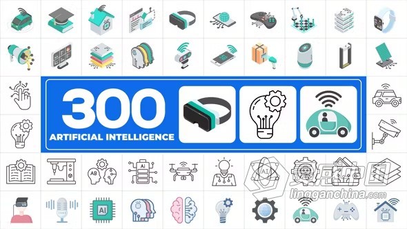 AE模版-人工智能宣传介绍主题300个AI技术图标动画AE模版下载 300 Icons Pack - Artificial Intelligence  灵感中国网 www.lingganchina.com