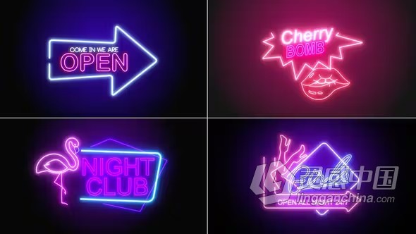 AE模板-霓虹灯标题和背景闪烁字体广告牌标志动画AE模板下载 Neon Signs V1  灵感中国网 www.lingganchina.com