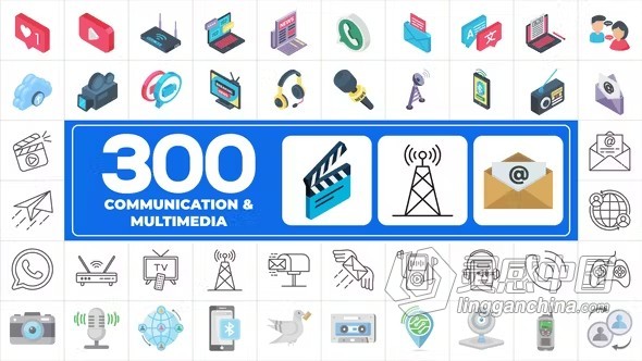 AE模板-300个通信与多媒体主题图标元素包AE模板下载 300 Icons Pack - Communication &amp; Multimedia  灵感中国网 www.lingganchina.com