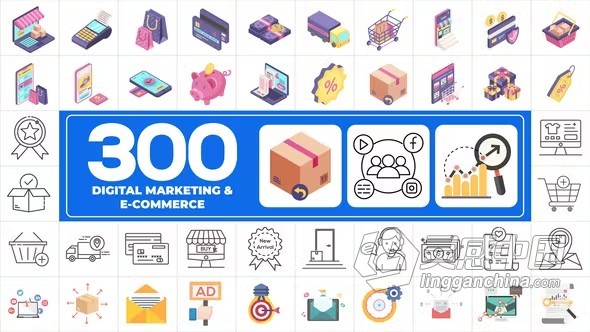 AE模板-300个电子商务数字营销主题图标动画AE模板下载 300 Icons Pack - Digital Marketing  灵感中国网 www.lingganchina.com