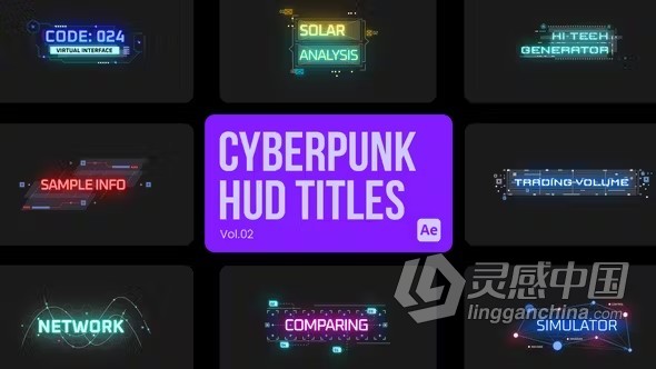 赛博朋克风HUD技术动画标题AE模板下载 Cyberpunk Titles 02 for After Effects  灵感中国网 www.lingganchina.com