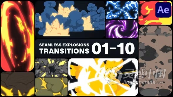 10组卡通特效爆炸过渡动画视频转场AE模板下载 Seamless Explosions Transitions for After Effects  灵感中国网 www.lingganchina.com