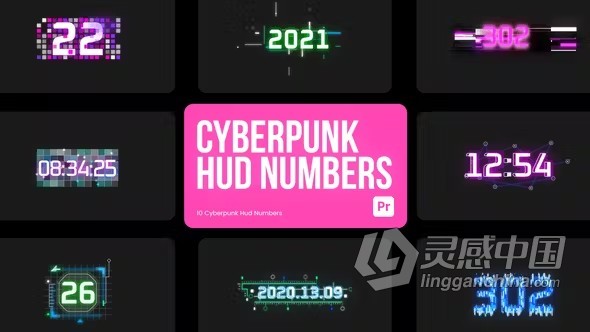 赛博朋克发光HUD屏幕浮动元素和数字PR模板下载 Cyberpunk HUD Numbers for Premiere Pro  灵感中国网 www.lingganchina.com