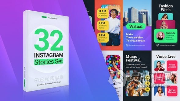 32个预设场景社交媒体垂直宣传短视频包装AE模版 Wave Instagram Stories  灵感中国网 www.lingganchina.com